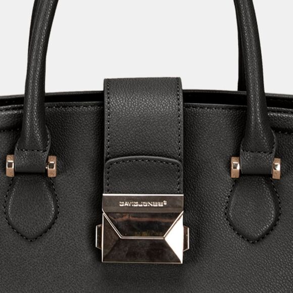 David Jones PU Leather Handbag Elegant Black Shiny Buckle Medium Square Purse - Picture 2 of 3